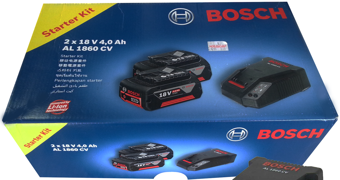 Bosch Li-Ion Battery 18Vx4.0Ah(2pc) & Fast Charger AL1860CV Set - Click Image to Close